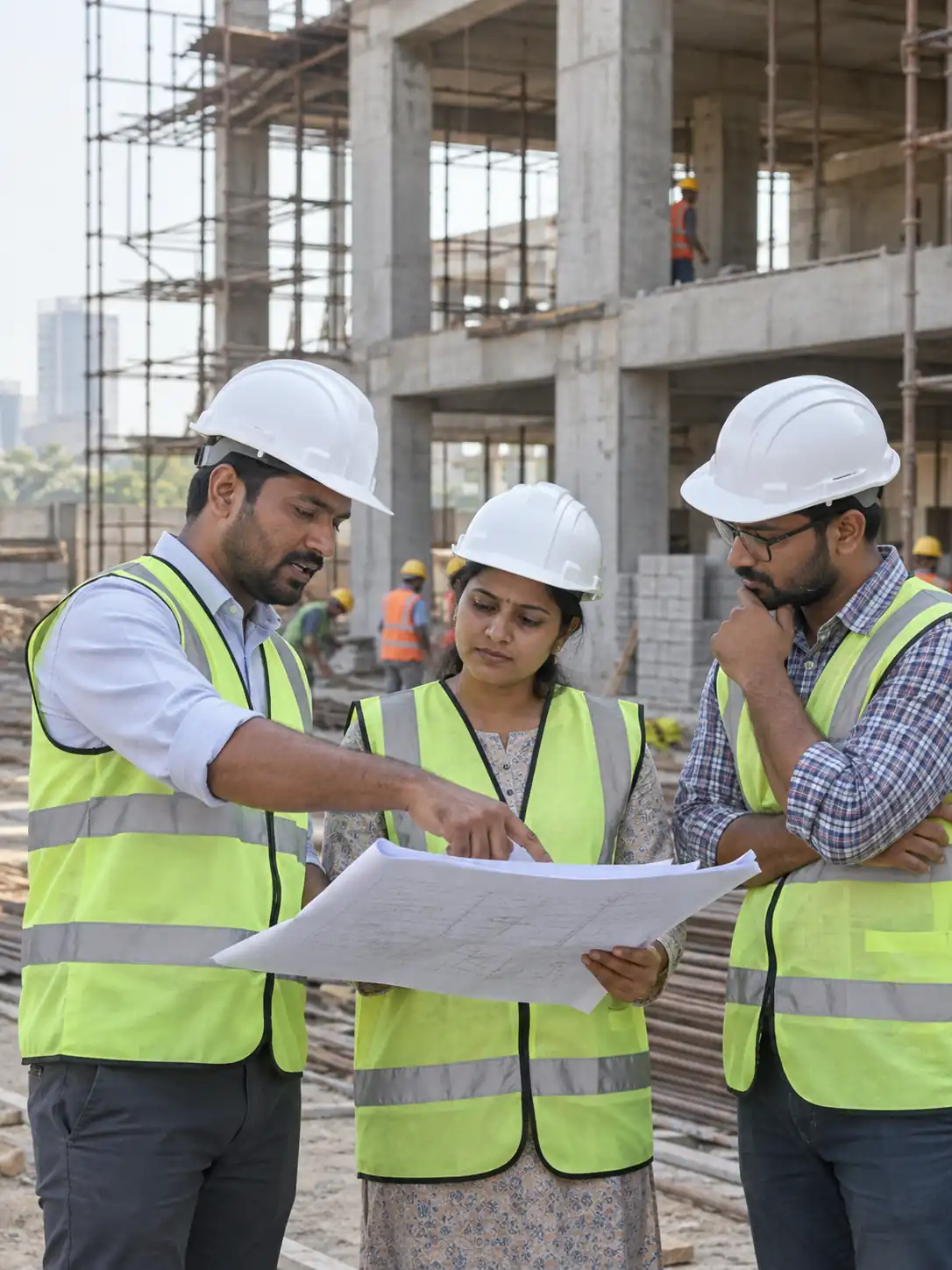 Indian construction professionals reviewing plans at a building site