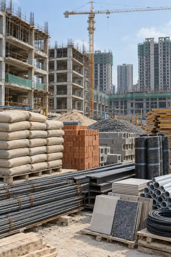 Construction materials staged at a building site