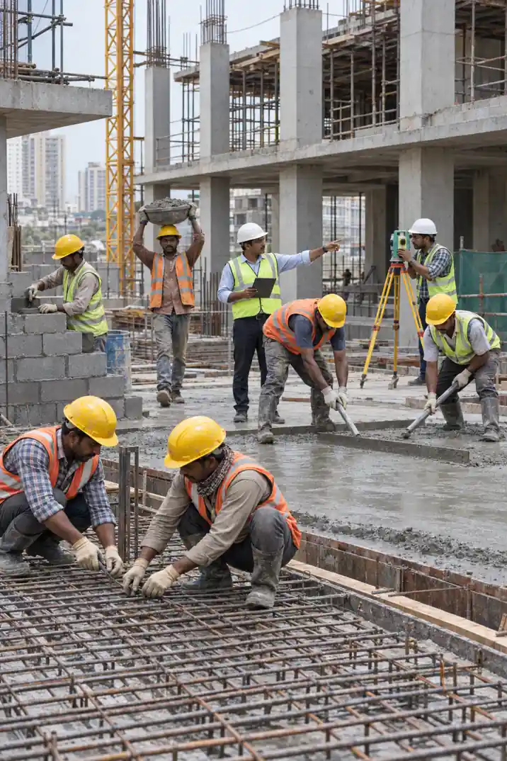 Eight skilled Indian construction workers performing different site activities
