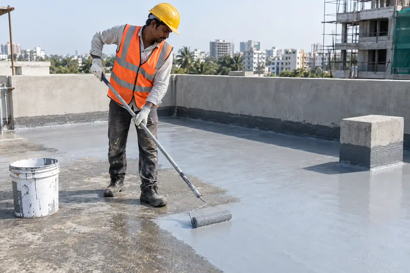 Indian technician applying waterproofing